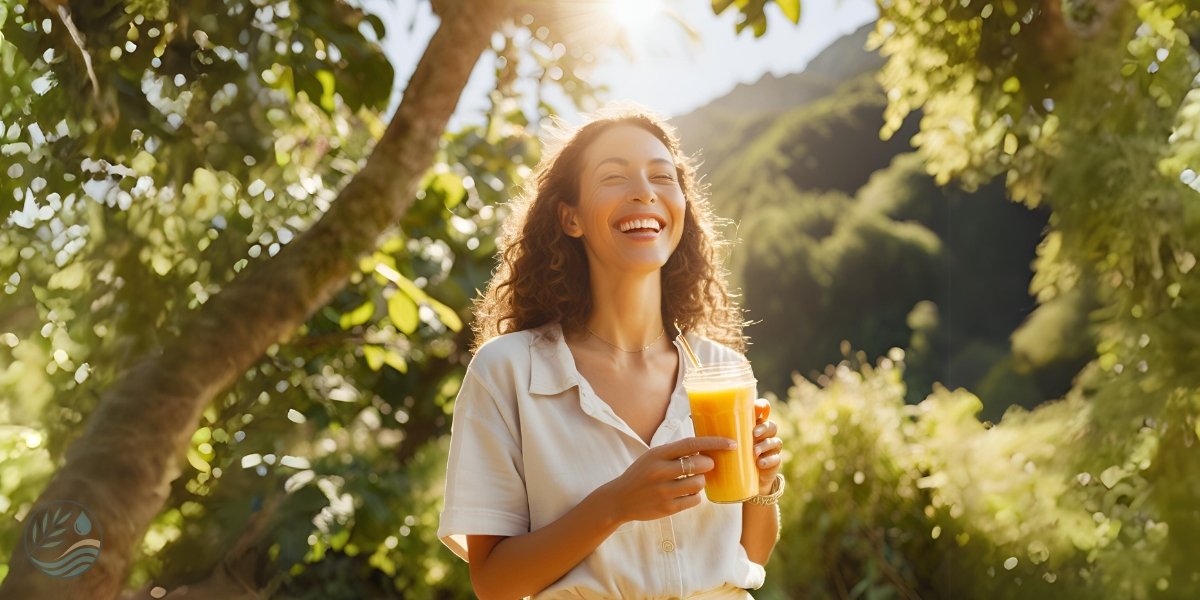 Happy person enjoying a healthy lifestyle with fresh fruit and a smoothie.