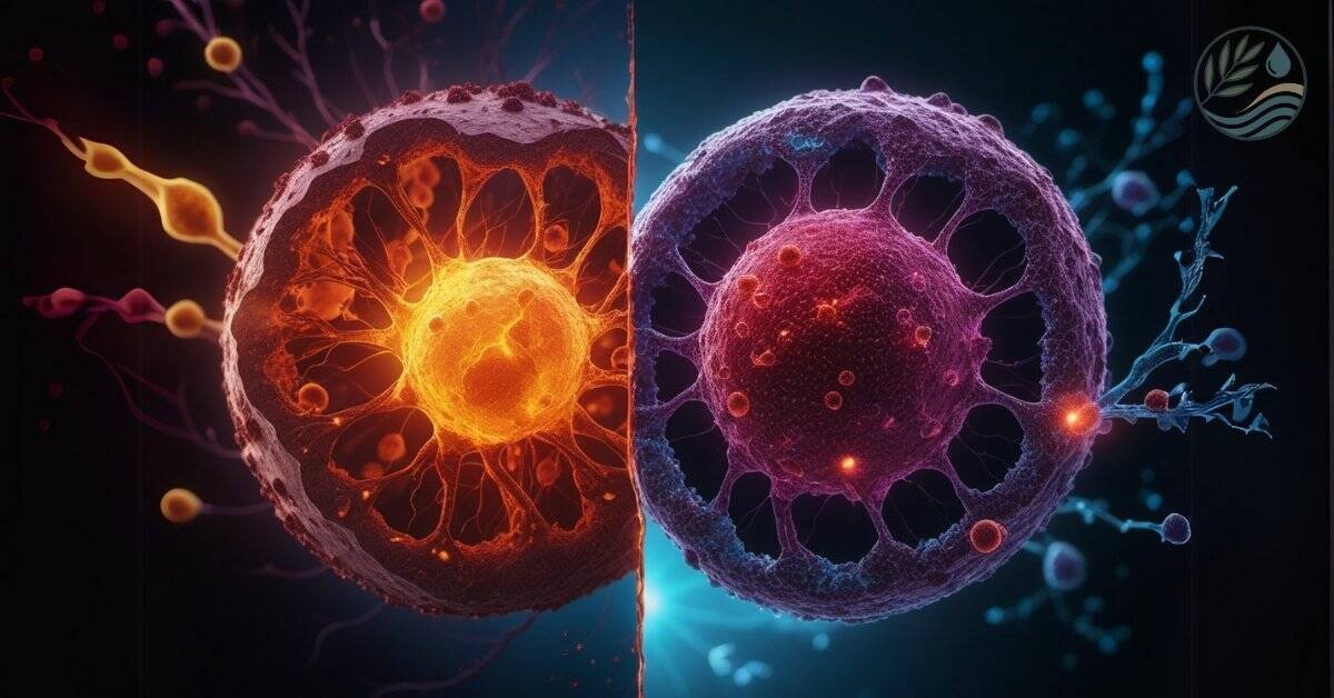 Illustration showing a split view of a healthy human cell and a damaged cell under oxidative stress, highlighting the effects of free radicals and antioxidants at the cellular level.