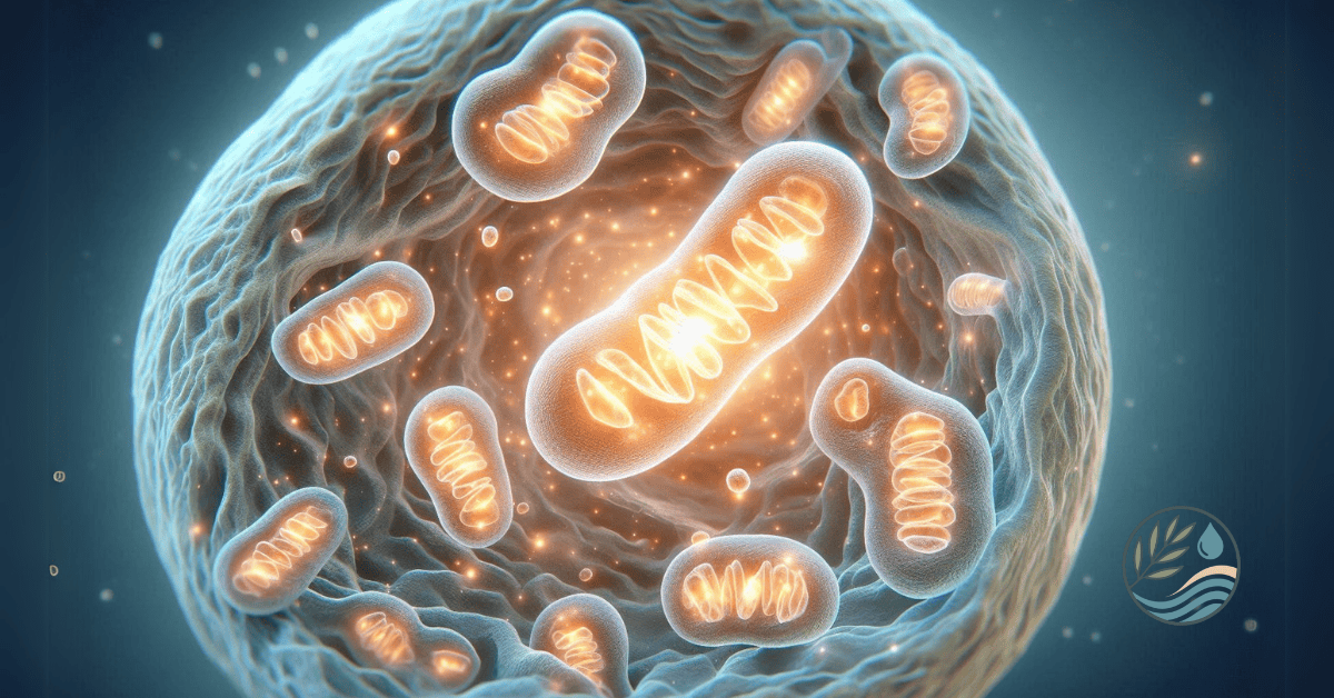 Detailed illustration of mitochondria inside a human cell, showing the difference between healthy, energy-producing mitochondria and sluggish, damaged ones.