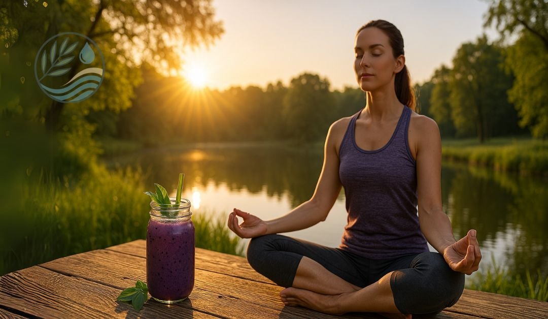 Woman meditating in nature with a green smoothie on rustic table at sunrise — reflecting The Balance Code philosophy of inner balance, natural wellness, and holistic health.